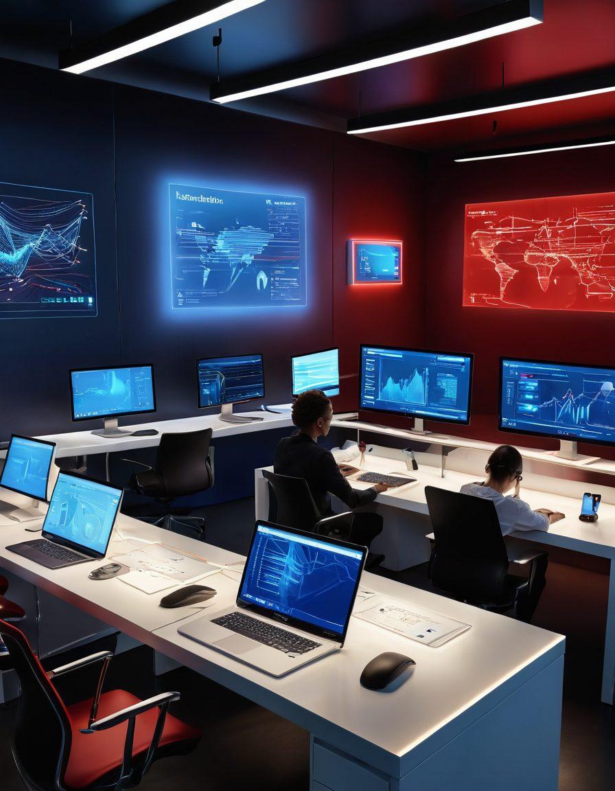 A futuristic workspace showcasing advanced productivity software interfaces on sleek, transparent screens, with flowing, automated workflows illustrated as glowing lines connecting tasks. Include a diverse group of professionals collaborating seamlessly, surrounded by innovative tools and devices. The background should be a blend of vibrant reds and deep blues to match the 'Scarlet Innovations' theme, conveying energy and creativity. super-realistic. vibrant colors.