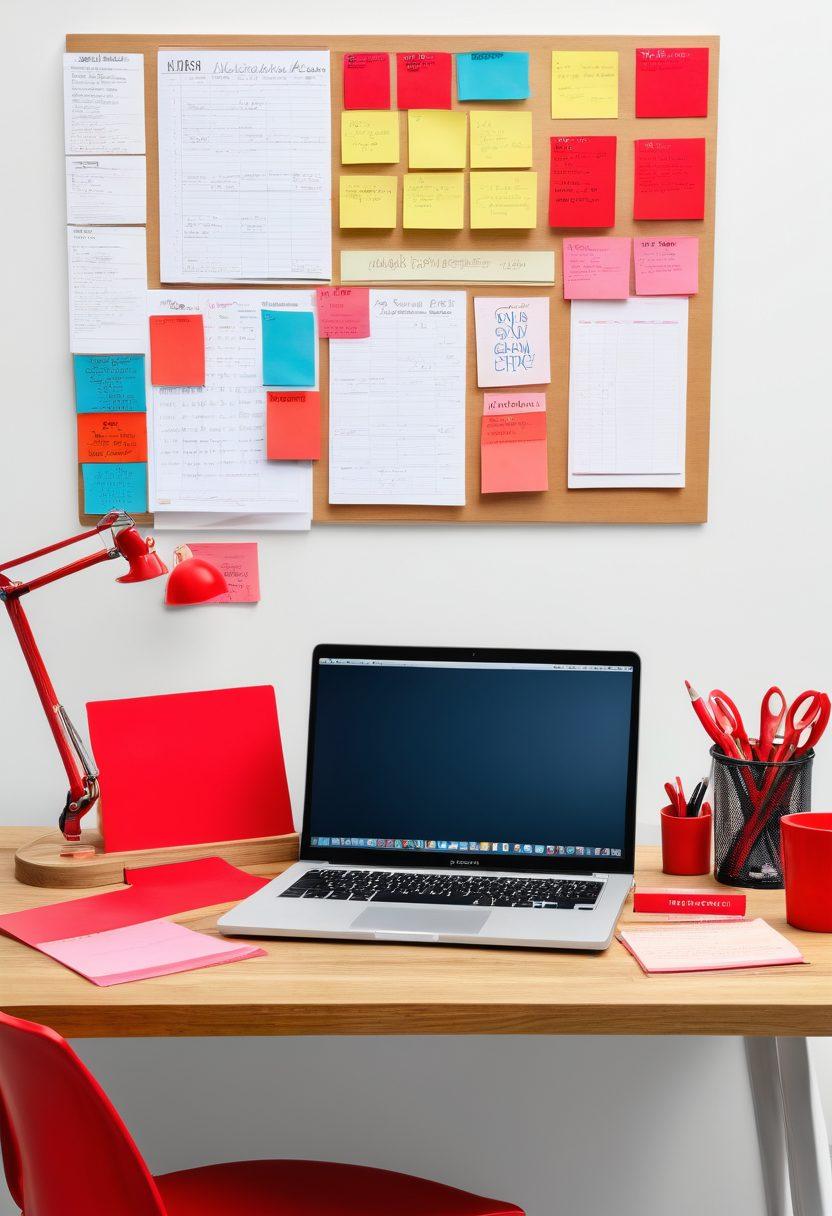 A dynamic workspace filled with vibrant red tools arranged neatly on a sleek wooden desk, showcasing items like a red laptop, planner, and ergonomic chair. Include an inspirational quote on a chalkboard in the background, with colorful sticky notes strategically placed around, symbolizing productivity and innovation. Ensure the lighting is bright and energizing. super-realistic. vibrant colors. white background.