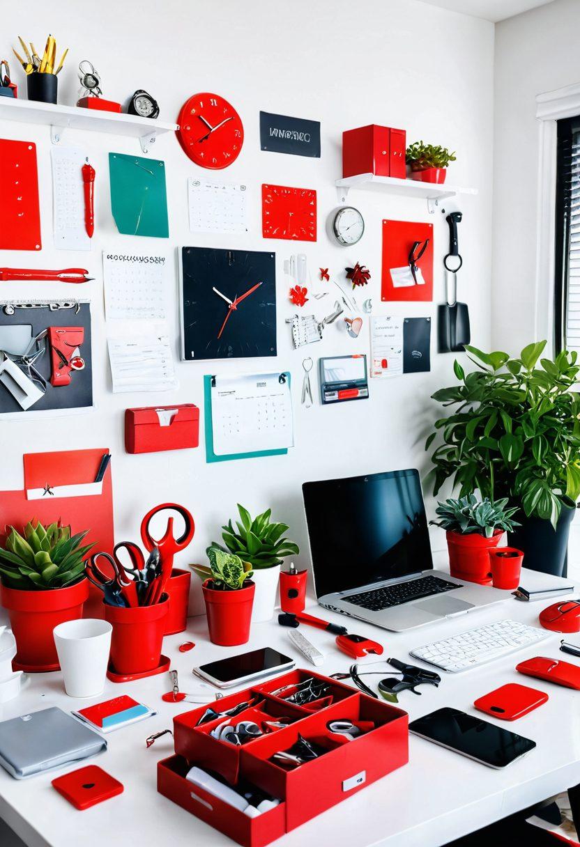 A vibrant workspace filled with red tools, showcasing a transformation from disorganized chaos to structured efficiency. In the background, a person triumphantly holding a completed project, radiating confidence and success. Include thoughtful details like a thriving plant, a digital clock, and shiny, organized tools to symbolize improvement. The overall atmosphere should convey motivation and productivity. super-realistic. vibrant colors. white background.